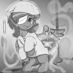 (pony) bandage bandaged_eye clank female feral group lamp lantern power_outage pranksters sleepwear spirits neon_dontlook hasbro my_little_pony fan_character equid equine horse mammal pony 1:1 monochrome