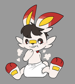 3_fingers 3_toes ambiguous_gender anthro bandage bandage_on_face bandage_on_nose blush blush_lines brown_body brown_fur brown_nose brown_sclera buckteeth cheek_tuft clean_diaper clothed clothing cloud_emanata diaper diaper_only dipstick_ears ear_markings emanata facial_tuft feet fingers front_view fur grey_background looking_down multicolored_body multicolored_ears multicolored_fur red_body red_ear_tips red_fur scut_tail short_tail simple_background sitting solo tail teeth toeless_(marking) toes topless tuft wearing_diaper white_body white_diaper white_fur white_tail yellow_inner_ear bubblepuppers nintendo pokemon cryo_lithius generation_8_pokemon pokemon_(species) scorbunny absurd_res full-length_portrait hi_res portrait