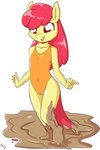 anthro biped camel_toe clothed clothing female flat_chested hair looking_down mud navel_outline one-piece_swimsuit open_mouth open_smile red_hair simple_background smile solo standing swimwear tongue white_background yellow_body young young_anthro young_female fuf friendship_is_magic hasbro my_little_pony apple_bloom_(mlp) equid equine horse mammal pony 2020 2:3 hi_res