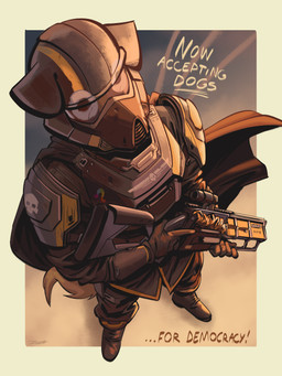 anthro googly_eyes gun male poster propaganda ranged_weapon solo text weapon angusburgers helldivers bird_dog canid canine canis domestic_dog golden_retriever hunting_dog mammal retriever absurd_res hi_res