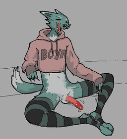 anthro balls clothing cropped_hoodie erection femboy genitals grey_background hoodie legwear licking licking_lips licking_own_lips male male_anthro open_mouth penis simple_background sitting solo thigh_highs tongue tongue_out topwear hieronymusjohnson canid canine mammal