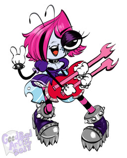 4_arms antennae_(anatomy) anthro black_eyeliner black_hair boots bracelet breasts clothing devil_horns_(gesture) double-neck_guitar dress electric_guitar eyelashes eyeliner female footwear freckled_face freckles gesture gloves grey_body grey_skin guitar hair hair_over_eye half-closed_eyes hand_gesture handwear jewelry legwear makeup multi_arm multi_limb musical_instrument narrowed_eyes neck_belt pattern_clothing pattern_footwear pattern_legwear pattern_socks pink_clothing pink_footwear pink_hair pink_socks plucked_string_instrument purple_boots purple_clothing purple_dress purple_footwear red_guitar shoes socks solo spiked_boots spiked_bracelet spiked_clothing spiked_footwear spikes string_instrument striped_clothing striped_footwear striped_socks stripes white_clothing white_gloves white_handwear goodbadartist disney the_buzz_on_maggie maggie_pesky arthropod fly_(animal) insect 2017 hi_res