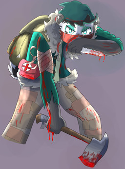 angry anthro axe backpack bandage beanie black_body black_fur black_hair blood blood_on_arm blood_on_clothing blood_on_face blood_on_hand blood_on_leg blood_on_weapon bodily_fluids bottomwear clothing crying eye_markings facial_markings fur fur_collar green_clothing green_eyes green_hair green_markings hair hat head_markings headgear headwear holding_object holding_weapon jacket knife male markings mask melee_weapon multicolored_body multicolored_fur multicolored_hair nosebleed pants shirt simple_background solo stained_clothing tail tail_tuft tears topwear torn_clothing tuft weapon white_body white_fur afterdraws project_zomboid the_indie_stone bear giant_panda mammal 2022 digital_drawing_(artwork) digital_media_(artwork) hi_res