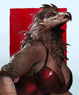 anthro beak big_breasts border breasts brown_body brown_feathers cleavage clothed clothing dress eyelashes feathers female non-mammal_breasts red_background red_clothing red_dress scuted_arms scutes side_view simple_background smile solo white_border yellow_eyes saphgriffin accipitriform avian bird vulture 2026 digital_media_(artwork) half-length_portrait hi_res portrait watermark