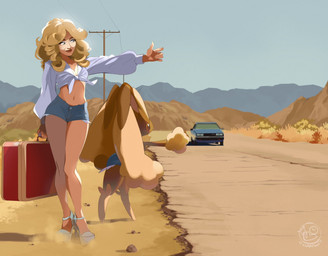 anthro blonde_hair blue_eyes bottomwear brown_body brown_fur clothed clothing crop_top desert driving duo dust female footwear fur hair high_heels hitchhiking hotpants long_hair makeup midriff mountain navel outside power_lines sand scut_tail shirt shoes short_tail shorts standing suitcase tail tan_body tan_fur telephone_lines topwear utility_pole vehicle wire startboii nintendo pokemon generation_4_pokemon human lagomorph leporid lopunny mammal pokemon_(species) rabbit hi_res