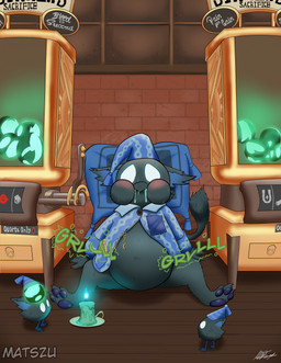3_toes 4_fingers accessory ambiguous_gender anthro barefoot beak beak_closed belly big_belly big_ears biped black_beak black_body black_fur black_tail black_tail_tuft blue_clothing blue_hat blue_headwear blue_inner_ear blue_pajamas blue_topwear blue_vomit blush bodily_fluids bodily_noises bottomless bottomless_anthro bottomless_male brick brick_wall candle candlestick chain_accessory cheek_bulge cheek_tuft claws clock clothed clothed_anthro clothed_male clothing crescent_moon detailed_background ears_down empty_eyes facial_tuft featureless_crotch feet finger_claws fingers floor fur glowing glowing_eyes group hat head_on_pillow headgear headwear hindpaw male moon mouth_closed nightcap pajamas pattern_clothing pattern_hat pattern_headgear pattern_headwear pattern_pajamas pattern_topwear pawpads paws pillow pivoted_ears pocketwatch purple_pawpads rumbling_stomach semi-anthro sitting slot_machine small_claws solo_focus sound_effects spread_legs spreading striped_clothing striped_hat striped_headgear striped_headwear stripes sweat sweatdrop tail tail_tuft text toe_claws toes topwear trio tuft vomit vomit_on_face vomit_on_self vowelless vowelless_sound_effect wall_(structure) watch white_eyes window wood wood_floor young young_anthro young_male matszu deadlock_(game) mythology valve lil_helper_(deadlock) rem_(deadlock) avian chimera dream_creature gryphon mythological_avian mythological_creature 2026 english_text hi_res