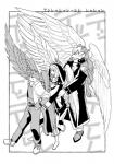 clothed clothing feathered_wings feathers female fur group hair horn male nun wings ginn_tnrnrngnsr lifewonders tokyo_afterschool_summoners azazel_(tas) gabriel_(tas) sitri_(tas) angel bovid caprine domestic_cat felid feline felis goat mammal 2019 hi_res monochrome signature