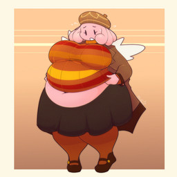 anthro anthrofied belly beret big_belly big_breasts black_bottomwear black_clothing black_eyes black_footwear black_shoes black_skirt bodily_fluids border bottomwear breasts brown_beret brown_clothing brown_dress brown_eyebrows brown_footwear brown_jacket brown_socks brown_topwear clothing deep_navel dress dress_shoes exposed_belly eyebrows female footwear gradient_background hair hat headgear headwear huge_belly huge_breasts jacket looking_down multicolored_clothing multicolored_sweater multicolored_topwear navel overweight overweight_anthro overweight_female pink_body pink_hair pokemorph pulling_down_top shoes simple_background skirt socks solo sweat sweatdrop sweater thick_thighs topwear white_border wings yellow_clothing yellow_dress dirtann nintendo pokemon blissey generation_2_pokemon pokemon_(species) 1:1 2025 absurd_res hi_res portrait signature