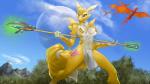 2018 anthro bandai_namco big_breasts blue_eyes bottomwear breasts camel_toe canid canine clothing crossover digimon digimon_(species) dinosaur exposure_variation female fluffy fluffy_tail fur fusion jonas-pride krystal_(star_fox) loincloth mammal nintendo nipple_outline painted_background prehistoric_species renamon reptile scalie solo staff star_fox starfox_adventures tail white_body white_fur yellow_body yellow_fur