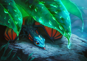 ambiguous_gender blue_body blue_scales claws feral finger_claws forked_tongue grass leaf membrane_(anatomy) membranous_wings outside plant quadruped rock scales solo tongue tongue_out water_drop water_droplets wings johis mythology dragon mythological_creature mythological_scalie scalie shaded
