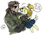 anthro bandanna beard blue_bottomwear blue_clothing blue_skirt bottomwear clothed clothing dialogue duo eye_patch eyewear facial_hair female fur kerchief male paws simple_background skirt smile text uniform white_background yellow_body yellow_fur mitogenesis animal_crossing konami metal_gear nintendo isabelle_(animal_crossing) venom_snake canid canine canis domestic_dog human mammal shih_tzu toy_dog 2015 crossover english_text