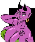 bald big_breasts black_eyes bra breasts clothing erect_nipples female golden_ear_ring hand_behind_head horn humanoid_pointy_ears nipples not_furry pink_body pink_skin pointy_ears smile solo underwear wappah demon humanoid low_res