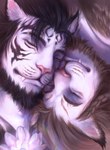 anthro beard braided_hair duo eyes_closed facial_hair facial_markings fangs flower fur hair head_markings intimate male male/male markings pink_nose plant smile striped_body striped_face striped_fur stripes teeth s_anima final_fantasy final_fantasy_xiv square_enix felid feline hrothgar mammal absurd_res hi_res