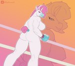 anthro boxing boxing_gloves breasts butt clothing female fighting_ring hair handwear horn nipples nude simple_background smile solo sport unicorn_horn unibro_pi mythology huniepi equid equine mammal mythological_creature mythological_equine unicorn absurd_res digital_media_(artwork) hi_res