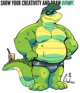 anthro beverage bulge clothing eyewear green_body hat headgear headwear male moobs musclegut muscular overweight overweight_male simple_background solo standing sunglasses swimwear tail text white_background dakui brok_the_investigator cowcat_games brok_(brok_the_investigator) alligator alligatorid crocodilian reptile scalie 2024 english_text hi_res
