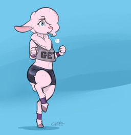 anthro bodily_fluids bottomwear breath clothed clothing exercise female fully_clothed hooves midriff shirt shorts simple_background solo spandex spandex_shorts sweat tank_top tight_bottomwear tight_clothing tight_shorts topwear cobalt_snow conditional_dnp danielle_(cobalt_snow) bovid caprine domestic_sheep mammal sheep 2015 digital_media_(artwork) hi_res trans_(lore) trans_woman_(lore)