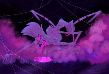 arthropod_abdomen arthropod_webbing back_eye bodily_fluids claws empty_eyes feral feralized fur glowing glowing_eyes gold_(metal) gold_tooth male mandibles markings multi_arm multi_eye multi_leg multi_limb pink_markings pink_tongue saliva sharp_teeth solo stinger striped_arms striped_legs style_emulation tapering_tongue teeth tongue tongue_out unusual_anatomy unusual_eye_placement venom white_body white_fur seelapproved hazbin_hotel hellaverse angel_dust arachnid arthropod spider absurd_res hi_res
