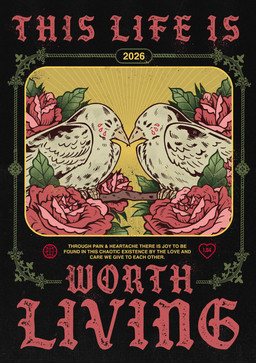 abstract_background ambiguous_gender bodily_fluids bud_(flower) detailed_background duo feathered_wings feathers feral flower gothic_(graphic_design) heart_symbol leaf plant poster_design public_service_announcement rose_(flower) teardrop tears text white_body white_feathers wings madison_schubert avian bird columbid dove 2026 absurd_res english_description english_text hi_res
