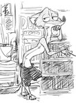 3_toes 4_fingers anthro arm_support barefoot biped bottomwear clothed clothing detailed_background feet fingers leaning_on_elbow male shorts slim solo standing toes topless topless_anthro topless_male 4pcsset disney zootopia duke_weaselton mammal mustelid musteline true_musteline weasel 2021 greyscale monochrome sketch