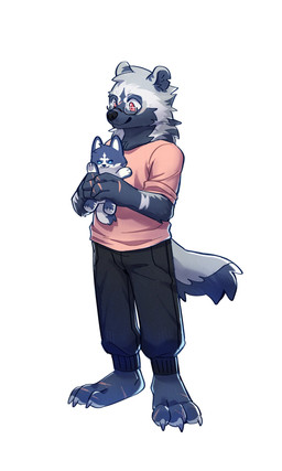 anthro barefoot black_bottomwear black_clothing black_nose black_pants blue_inner_ear bottomwear cheek_tuft closed_smile clothed clothing eyewear facial_tuft feet fur glasses glistening glistening_eyes grey_body grey_ears grey_fur head_tuft holding_object holding_plushie male mouth_closed neck_tuft pants pink_clothing pink_topwear plushie red_eyes simple_background smile solo three-quarter_view topwear tuft unsigned white_background white_body white_fur asnnonaka canid mammal 3:5 full-length_portrait hi_res portrait