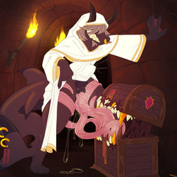 andromorph anthro bodily_fluids clothing cunnilingus dungeon duo facial_piercing genitals horn intersex multi_tongue nose_piercing oral piercing robe saliva septum_piercing sex tail tongue vaginal vulva doomlard fish marine mimic mimic_chest shark 1:1 hi_res