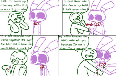 anthro blood bodily_fluids bow_(feature) bow_tie crossgender duo female machine male text the_weaver five_nights_at_freddy's scottgames anon bonnie_(fnaf) weaver_bonnie animatronic human lagomorph leporid mammal rabbit robot english_text