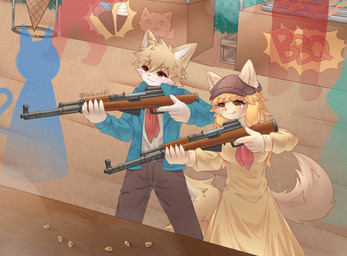 anthro blonde_hair duo female hair male yellow_body lalamedli cyberconnect2 fuga:_melodies_of_steel little_tail_bronx hack_montblanc mei_marzipan canid caninu mammal absurd_res hi_res
