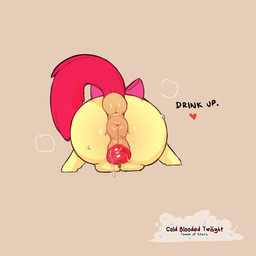 anus apple_in_vulva blush bodily_fluids body_blush butt butt_blush butt_focus female feral food food_fetish food_insertion food_play genital_fluids heart_reaction improvised_sex_toy pink_bow pink_tail puffy_anus rear_view solo steamy_breath sweat sweaty_butt tail text vaginal_fluids vaginal_fluids_on_food yellow_body yellow_skin young cold-blooded-twilight friendship_is_magic hasbro my_little_pony apple_bloom_(mlp) earth_pony equid equine horse mammal pony 2022 hi_res signature