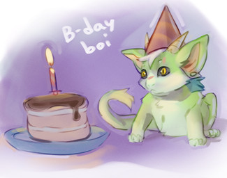 anthro cake cheek_tuft chest_tuft clothing dessert ear_piercing facial_tuft food fur gauged_ear green_body green_fur grey_sclera hair hat headgear headwear male mouth_closed nude party_hat piercing simple_background solo tail tail_tuft tuft white_hair yellow_eyes young young_anthro young_male famir mythology famir_(character) bovid caprine dragon goat hybrid mammal mythological_creature mythological_scalie scalie