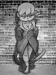 anthro breasts brick_wall cigarette cleavage clothed clothing coat female hair jacket leg_warmers legwear simple_background smoking solo textured_background topwear trenchcoat wall_(structure) smaggthesmug heathcliff_and_the_catillac_cats cleo_catillac domestic_cat felid feline felis mammal 2020 3:4 monochrome