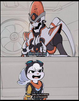 anthro clothed clothing cybernetic_arm cybernetic_limb dialogue duo ears_back eyewear eyewear_on_head female fur goggles goggles_on_head hair machine male open_mouth pivoted_ears red_scarf scarf text white_body white_fur white_hair time_fluffy500 glitch_productions ratchet_and_clank sony_corporation sony_interactive_entertainment the_amazing_digital_circus emperor_nefarious rivet_(ratchet_and_clank) lombax mammal robot comic english_text hi_res