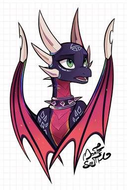 6_horns abstract_background arm_markings collar facial_markings female female_feral feral forehead_markings green_eyes head_markings horn magenta_countershading magenta_scales magenta_wings markings membrane_(anatomy) membranous_wings multi_horn neck_ring neck_spikes open_mouth purple_body purple_scales quadruped scales shoulder_markings spiked_collar spikes teeth ventral_scales white_horn wing_blade wings montesmith activision european_mythology mythology spyro_the_dragon cynder dragon mythological_creature mythological_scalie scalie western_dragon 2024 absurd_res bust_portrait digital_media_(artwork) hi_res portrait signature sketch