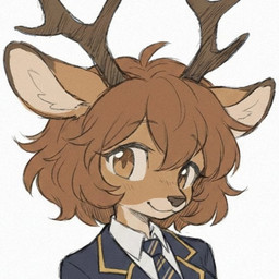2_horns accessory anthro antlers black_nose blazer brown_eyes brown_hair clothed clothing collared_shirt dress_shirt eyebrow_through_hair eyebrows eyelashes female fully_clothed hair horn inner_ear_fluff necktie shirt short_hair simple_background smile solo topwear translucent translucent_hair tuft white_background eneki_sei deer mammal 1:1 2026 headshot_portrait portrait