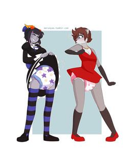 anthro black_clothing black_dress black_footwear black_shoes blue_eyes brown_hair clean_diaper clothed clothing diaper dress duo ear_piercing ear_ring female female/female footwear gloves_(marking) gold_(metal) gold_earrings gold_jewelry gold_necklace grey_hair hair highlights_(coloring) horn jewelry leg_markings legwear loafers markings mary_janes minidress necklace piercing purple_bow purple_ribbon red_clothing red_dress red_footwear red_shoes ring_piercing shoes socks_(marking) star_print stripes text thigh_highs wearing_diaper merunyaa homestuck ms_paint_adventures alien humanoid troll_(homestuck) hi_res url