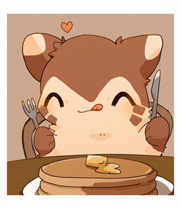 brown_body brown_fur cutlery daww eyes_closed feral food fork fur heart_symbol kemono kitchen_utensils pancake sitting solo tongue tongue_out tools ke_mo_suke nintendo pokemon furret generation_2_pokemon pokemon_(species) 2021 hi_res
