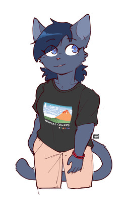 anthro black_clothing black_shirt black_t-shirt black_topwear blue_body blue_ears blue_eyes blue_fur blue_hair blue_inner_ear blue_tail bracelet breasts clothed clothed_anthro clothed_female clothing eye_through_hair female female_anthro fingers front_view fur hair jewelry khaki_pants looking_aside pink_nose red_bracelet shirt simple_background smile solo t-shirt tail text text_on_clothing text_on_shirt text_on_topwear topwear translucent translucent_hair white_background white_sclera conditional_dnp sonokido ventura_city_drifters alina_scratch domestic_cat felid feline felis mammal russian_blue 2021 digital_drawing_(artwork) digital_media_(artwork) hi_res portrait three-quarter_portrait