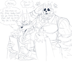 anthro barazoku beard bone bone_mask bottomwear bow_tie clipboard clothing coat_over_shoulders collar collared_shirt dress_shirt duo facial_hair fur_lined_clothing fur_lined_coat fur_lined_jacket gesture gloves handwear holding_clipboard holding_object horned_mask male mask muscular muscular_anthro muscular_male pants pinstripe_clothing pinstripe_shirt reading_paper salute shirt skull skull_mask text topwear vest wristband juggermelon dislyte lilith_games atlas_(juggermelon) sander_(dislyte) anubian_jackal canid canine canis jackal mammal wolf 2024 absurd_res blue_and_white english_text hi_res monochrome