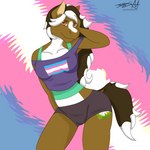 amber_eyes anthro bottomwear breasts brown_body brown_fur brown_hair butt clothing countershading cutie_mark female fur hair lgbt_pride looking_at_viewer mane markings pride_color_background pride_colors shirt shorts simple_background solo tank_top topwear transgender_pride_colors undershirt white_body white_fur white_hair white_markings zer0rebel4 hasbro my_little_pony daisy_(zer0rebel4) earth_pony equid equine horse mammal pony 1:1 digital_media_(artwork) hi_res shaded trans_(lore) trans_woman_(lore)