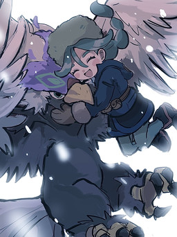 ambiguous_gender beak blush braided_hair clothing duo eyelashes eyes_closed feathered_wings feathers feet female feral footwear grey_body grey_feathers hair happy hat headgear headwear hug open_mouth shoes simple_background size_difference snow talons teal_eyes teal_hair toes wings 1south3927 nintendo pokemon pokemon_legends_arceus sabi_(pokemon) avian bird generation_8_pokemon hisuian_braviary hisuian_form human mammal pokemon_(species) regional_form_(pokemon) 2022 hi_res
