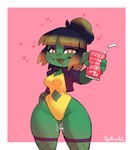 aroused beverage blush bodily_fluids breasts clothed clothing female front_view genital_fluids green_body green_skin heart_eyes heart_symbol holding_beverage holding_object looking_at_viewer not_furry solo thick_thighs vaginal_fluids wide_hips borvar jackie_(durgentamar) goblin humanoid 2022 hi_res