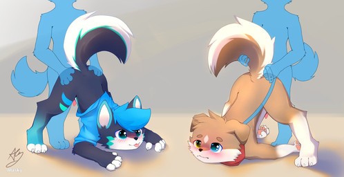 anthro ass_up barely_visible_genitalia barely_visible_penis biped black_body black_eyes black_fur blue_clothing blue_eyes blue_hoodie blue_topwear blush blush_lines brown_body brown_fur clothing collar doggystyle floppy_ears flustered from_behind_position fur genitals group hoodie kemono leash leashed_collar male male/male penis red_scarf scarf sex shota slim_anthro slim_male tapering_penis topwear white_body white_fur yellow_eyes young young_anthro young_male fur_alasky canid canine canis domestic_dog husky mammal nordic_sled_dog spitz 2021 hi_res