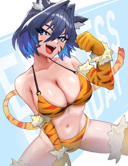 animal_print animal_print_bikini big_breasts bikini blue_eyes blue_hair breasts clothing collarbone eyebrows eyelashes female glistening glistening_body glistening_breasts glistening_skin gloves hair handwear huge_breasts navel open_mouth open_smile pattern_bikini pattern_clothing pattern_swimwear smile solo swimwear tiger_print tiger_print_bikini two-piece_swimsuit yodogama hololive hololive_en vtuber ouro_kronii animal_humanoid cat_humanoid felid felid_humanoid feline feline_humanoid humanoid mammal mammal_humanoid 2025 absurd_res hi_res