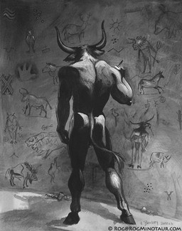 anthro biped butt cave_painting copyright_symbol drawing_in_a_drawing drawing_on_wall email genitals graffiti hooves horn male manly muscular muscular_anthro muscular_male nude penis penis_tip solo symbol text year rog_minotaur european_mythology greek_mythology mythology bovid bovine cattle mammal minotaur 2000 greyscale monochrome signature url