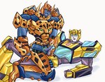 anthro blush duo ejaculation frottage genitals hand_on_penis handjob_frottage happy machine male male/male orgasm penile penis sex simultaneous_orgasms sitting smile jigyerr2 resunke hasbro takara_tomy transformers transformers:cyberverse bumblebee_(transformers) cheetor cheetah cybertronian felid feline humanoid mammal robot absurd_res hi_res