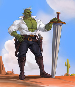 black_bottomwear black_clothing black_pants blue_sky body_hair boots bottomwear brown_boots brown_clothing brown_footwear cactus chest_hair clothed clothing cloud footwear front_view green_body green_skin gun hair humanoid_pointy_ears looking_at_viewer male male_humanoid melee_weapon mouth_closed open_clothing open_topwear outside pants pecs plant pointy_ears ranged_weapon shoes short_hair sky solo standing sword topwear weapon white_clothing white_hair white_topwear edvardiko humanoid ork absurd_res full-length_portrait hi_res portrait