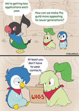 ambiguous_gender dialogue feral kerchief kerchief_only mostly_nude neckerchief neckerchief_only neckwear text porldraws nintendo pokemon pokemon_mystery_dungeon spike_chunsoft chatot chikorita generation_2_pokemon generation_4_pokemon piplup pokemon_(species) absurd_res comic english_text hi_res