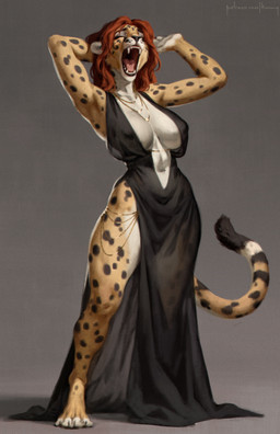 4_toes anthro barefoot biped black_clothing black_dress breasts brown_body brown_fur brown_hair brown_tail claws cleavage clothed clothed_anthro clothed_female clothing countershade_fur countershade_torso countershading dress eyes_closed fangs feet female finger_claws fingers front_view fur grey_background grey_spots hair hand_behind_head jewelry leg_jewelry markings natural_breasts navel necklace nipples open_mouth pantsless raised_arms red_hair simple_background solo spots spotted_body spotted_fur spotted_markings spotted_tail standing tail tail_markings teeth text thigh_jewelry toe_claws toes tongue translucent translucent_clothing waist_chain yawn honovy cheetah felid feline mammal 2025 detailed digital_drawing_(artwork) digital_media_(artwork) hi_res shaded url