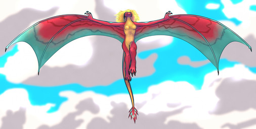 anthro areola blue_eyes breasts claws cloud female flying front_view genitals hair horn looking_up medium_breasts membrane_(anatomy) nipples non-mammal_breasts non-mammal_nipples nude red_body sky skyscape solo spread_wings stripes tail vulva wings kaputotter european_mythology mythology eztli_(user_55) dragon mythological_creature mythological_scalie scalie western_dragon wyvern hi_res
