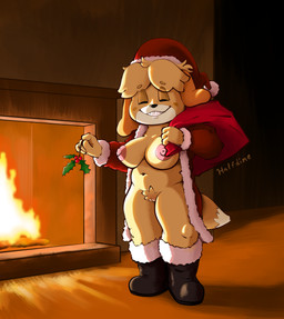 4_fingers anthro big_breasts black_nose boots bottomless breasts cheek_spots christmas_clothing christmas_headwear clothed clothing costume exposed_breasts eyebrow_through_hair eyebrows eyes_closed female fingers fireplace floppy_ears footwear fur genitals hair hat headgear headwear holding_object holidays mistletoe navel nipples open_clothing open_robe open_topwear overweight overweight_female plant pubes robe santa_bag santa_costume santa_hat shoes shortstack slightly_chubby smile smiling_at_viewer solo standing tail teeth thick_thighs toothy_grin topwear translucent translucent_hair vulva white_body white_fur yellow_body yellow_fur half_dime animal_crossing christmas nintendo isabelle_(animal_crossing) canid canine canis domestic_dog mammal shih_tzu toy_dog absurd_res hi_res