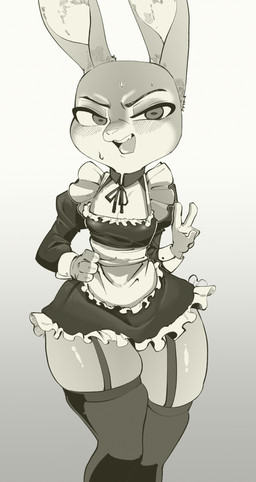 anthro bodily_fluids bottomwear breasts cleavage clothed clothing female garter_straps gesture hand_gesture legwear looking_at_viewer maid_uniform open_mouth skindentation skirt small_breasts solo squish stockings sweat teeth thick_thighs thigh_highs thigh_squish tongue uniform v_sign wide_hips aksak22 disney zootopia judy_hopps lagomorph leporid mammal rabbit absurd_res greyscale hi_res monochrome portrait three-quarter_portrait
